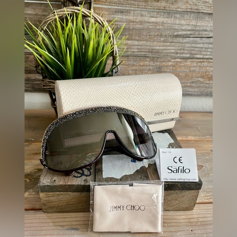 Jimmy Choo Oversized Shield Sunglasses with Glitter Trim - Brown Gradient